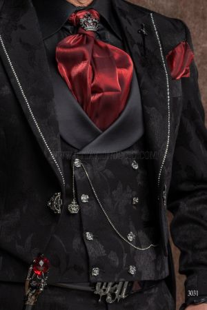 Gilet doppiopetto damascato nero con motivo al tono, rever sciallato di tessuto raso nero