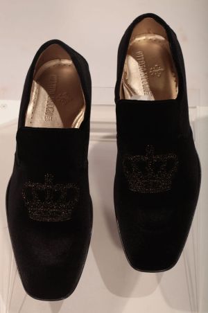 Black velvet slippers with black and gold tone crown embroidery. 72318ae23ce688d5