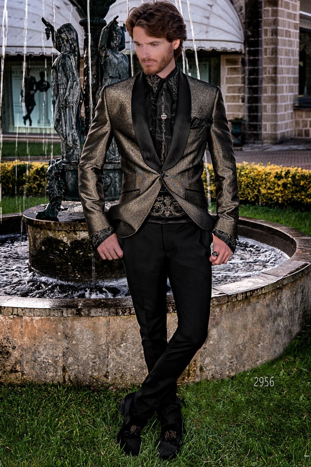 Golden slim fit fashion shawl collar tuxedo blazer with black trousers -  Ottavio Nuccio Gala