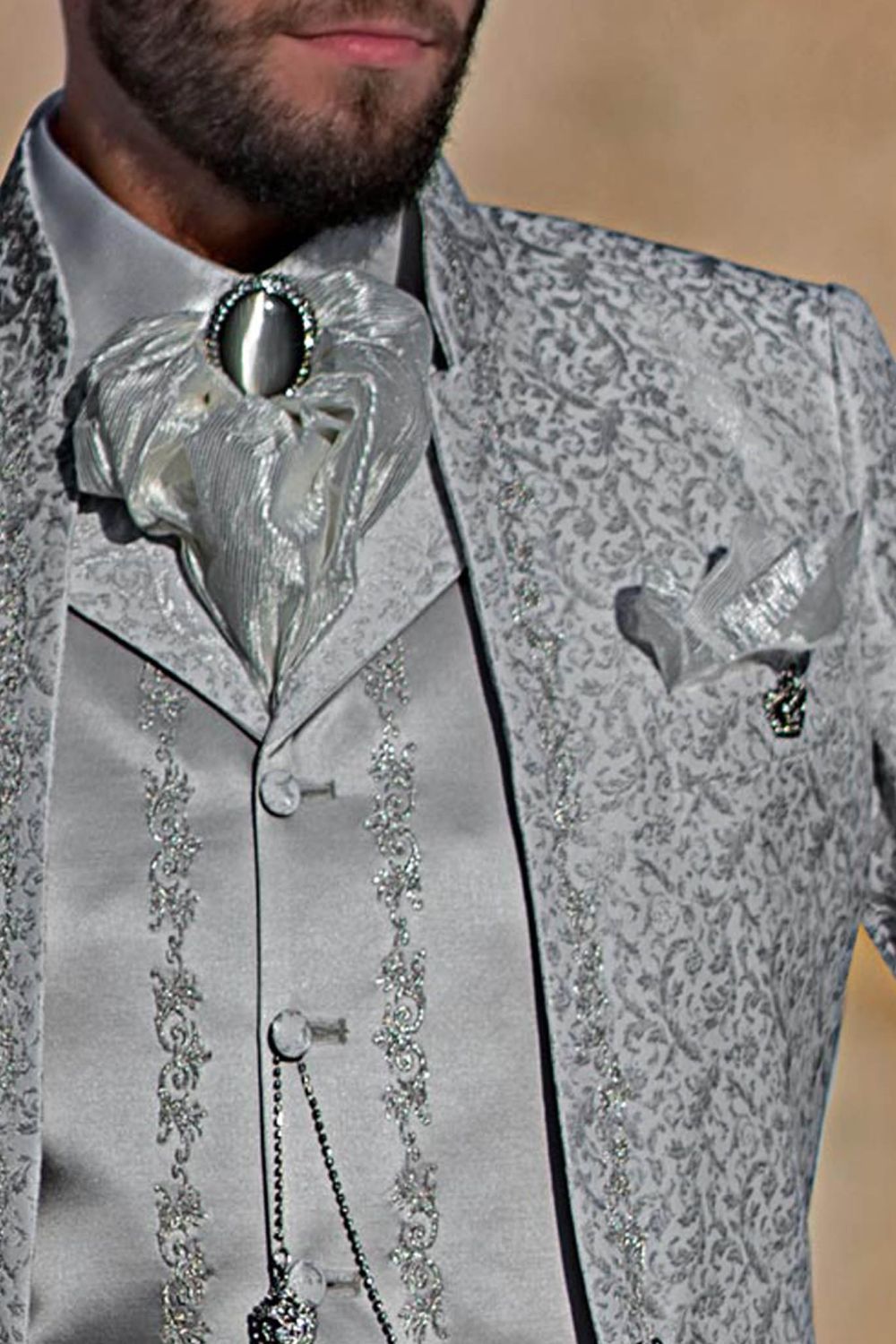 Pearl grey brocade baroque wedding frock coat with silver embroidery -  Ottavio Nuccio Gala