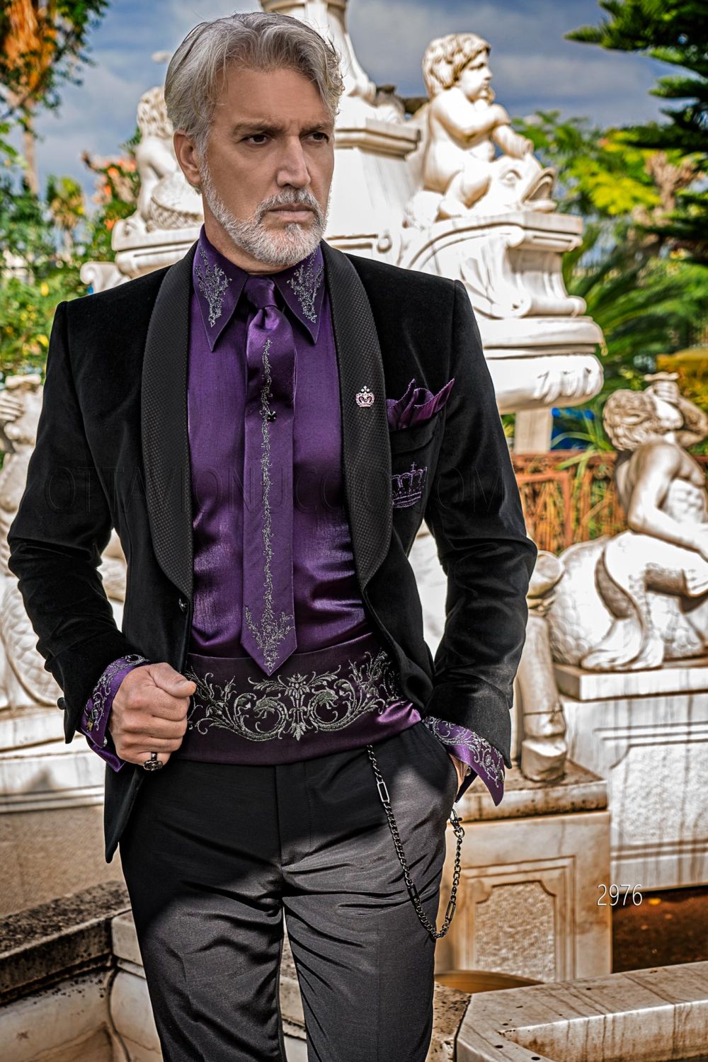 Black velvet slim fit party tuxedo blazer with purple crown embroidery -  Ottavio Nuccio Gala