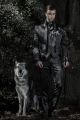 Black satin frack with silver embroidery, mao collar with crystal rhinestone