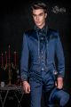 Gotisch Frack Anzug mit silber Stickerei aus blaue Satin für Gothic Hochzeit