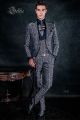 Redingote homme mariage style gothique bleu argent, strass sur revers