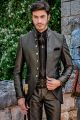Gothic Stil Bräutigam Anzug aus graue und golden Brokat Gehrock
