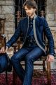 Gothic Stil blaue Brokat Gehrock Bräutigam Anzug mit Kristal Rhinestones