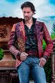 Blazer homme haute couture, patchwork en soie jacquard pure rouge