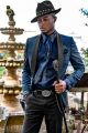 Smoking cerimonia uomo stile moderno damascato blu con pantalone nero