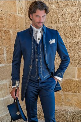 Cravatta Uomo Skinny Lusso Bronzo E Blu - Tessuto Barocco Con Ricami, Lunghezza Classica