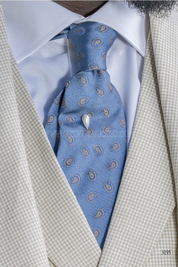 Cravatta in seta jacquard azzurro e disegni cachemere