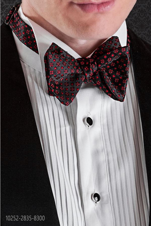 Black silk self-tie bow-tie with red micro patterns