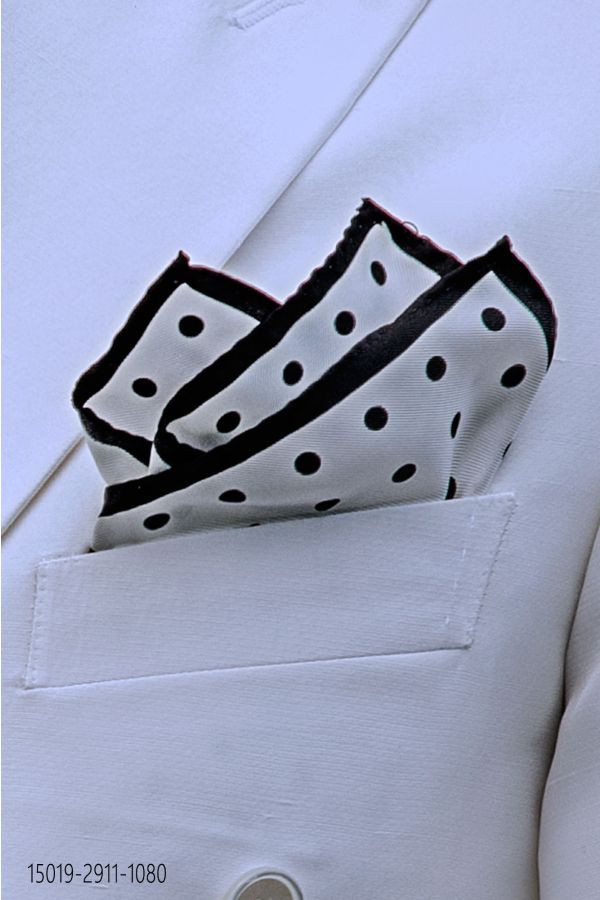 White twill silk handkerchief with black polka dots