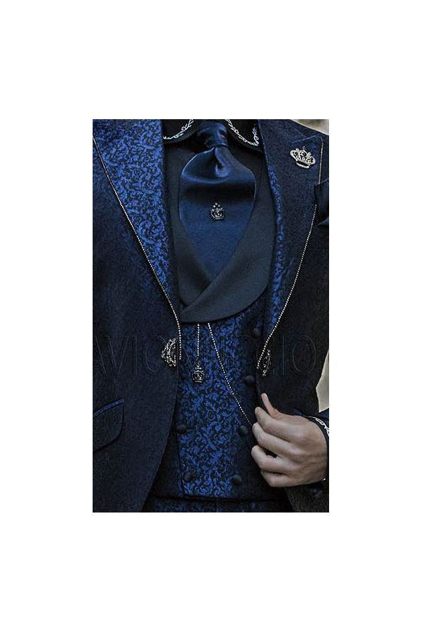 Blue Double-breasted brocade Vest with Shawl Collar