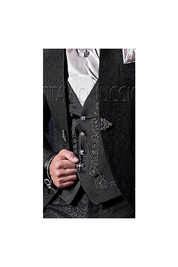 Black satin waistcoat with smoky silver embroidered meander