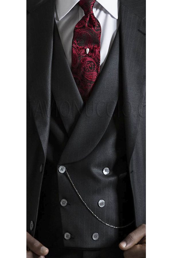 Black Pinstriped Double Breasted Vest with Shawl Collar