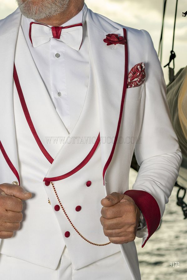 Gilet doppiopetto sciallato seta grigio perla con bordino rosso