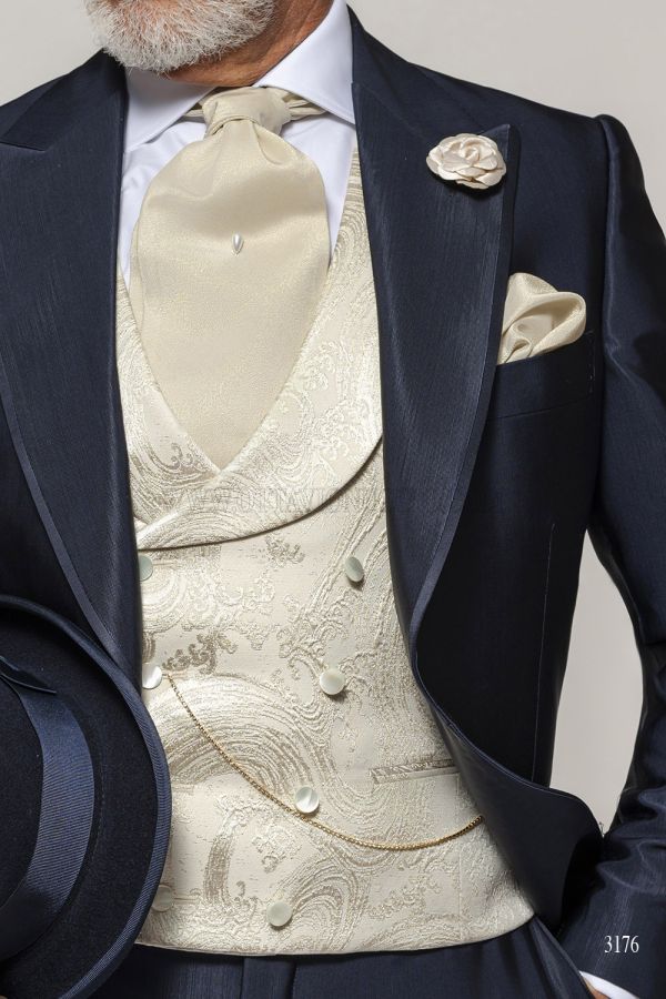 Gilet doppiopetto in tessuto misto acetato damascato colore avorio