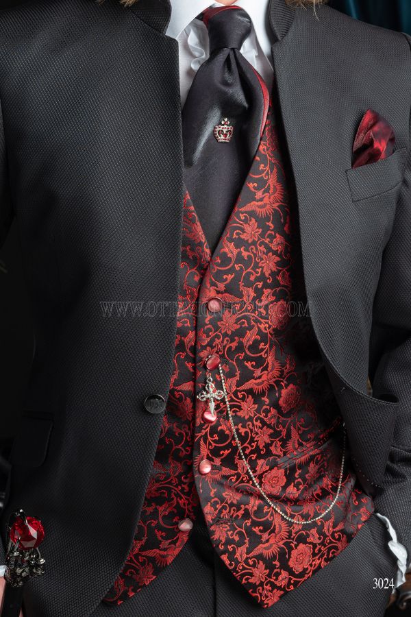 Chaleco de 5 botones en pura seda jacquard negra y rojo