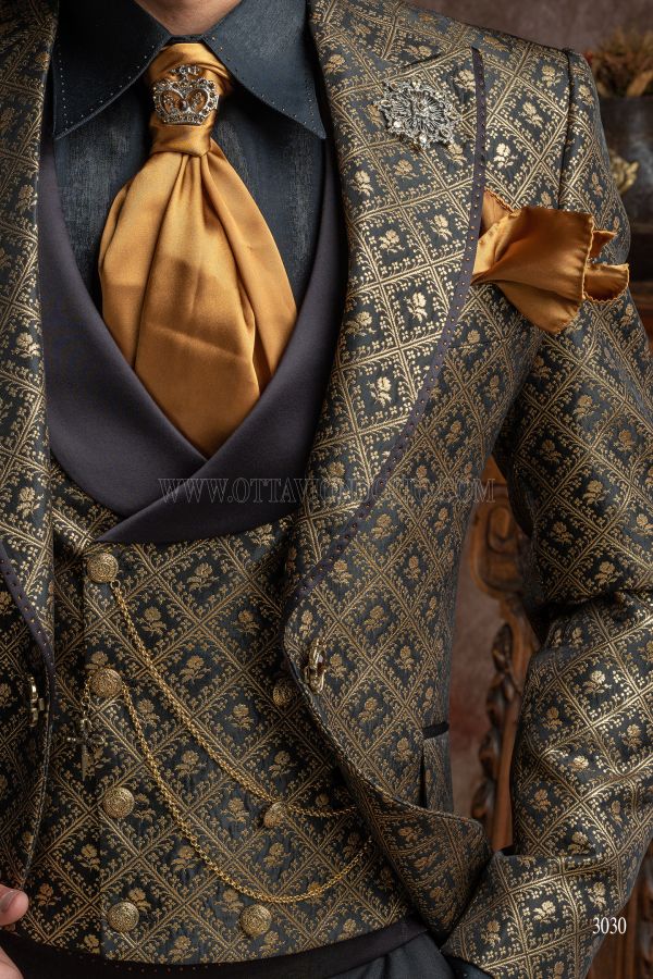 Double-breasted waistcoat in black and gold brocade, black satin shawl lapel