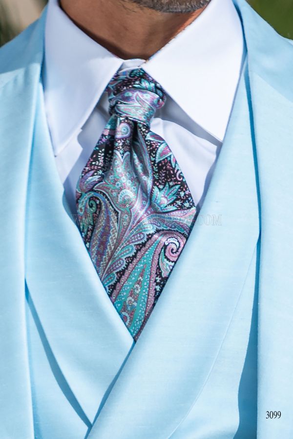 Cravattone da annodare e Fazzoletto in seta stampata cachemire celeste