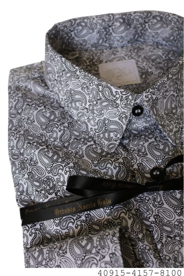 Modern collar shirt in black paisley pattern