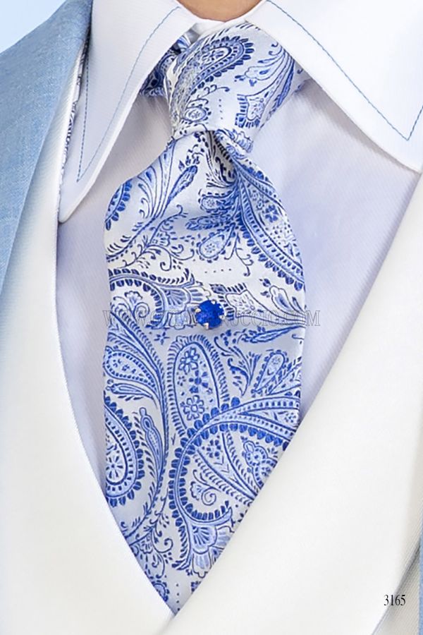 Cravatta e Fazzoletto in pura seta fondo bianco e disegno cachemere azzurro