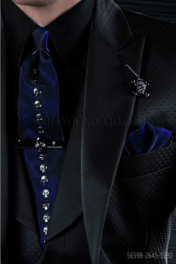 Krawatte und Einstecktuch, royal blau, aus Lurex mit Tottenkopf