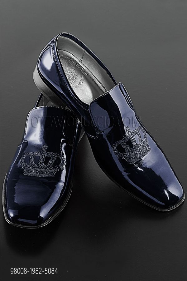 Slipper blu con ricamo corona nero-argento