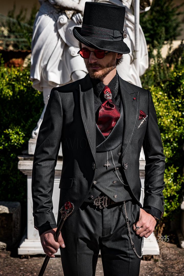 Italian steampunk gothic black pinstripe frock coat with rhinestones -  Ottavio Nuccio Gala