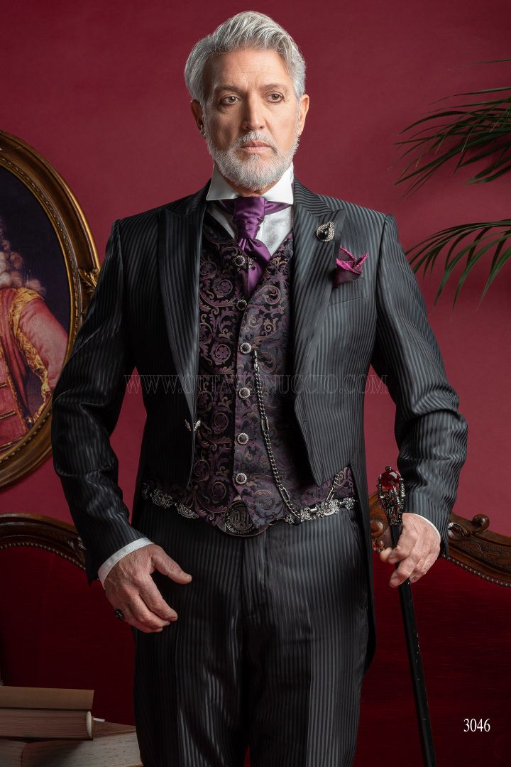 Steampunk pinstripe black mens tailcoat, purple silk vest