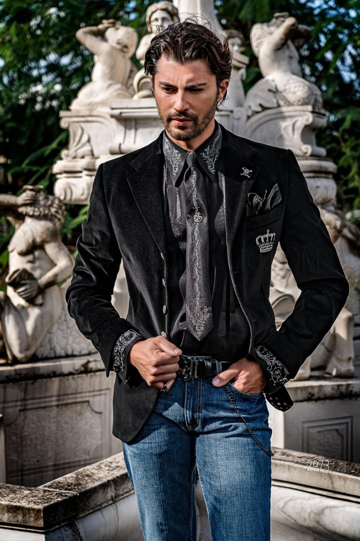 Black velvet slim fit party blazer with silver crown embroidery ...