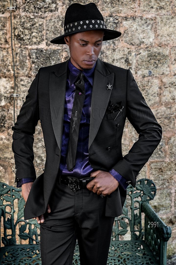 Gothic fashion black double breasted slim fit wedding men suit