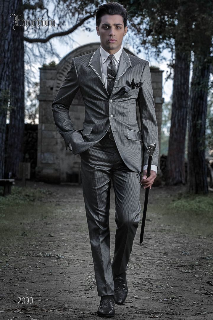 Italian hipster groom suit for men in gray pinstripe fabric