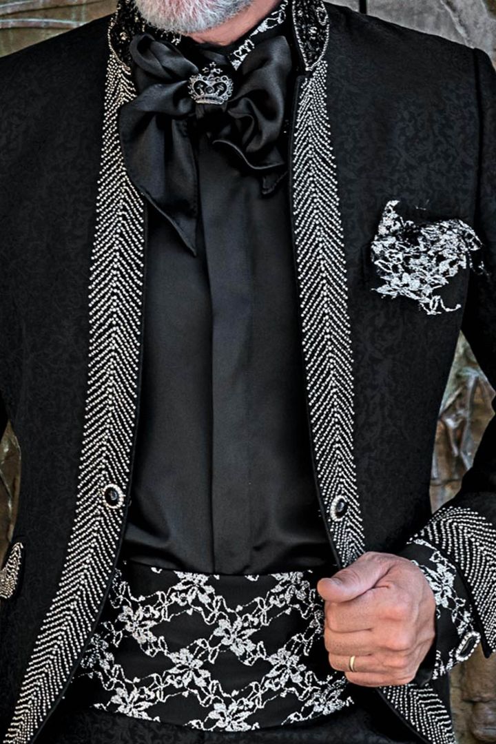 Gothic fashion black brocade frock coat with black crystal