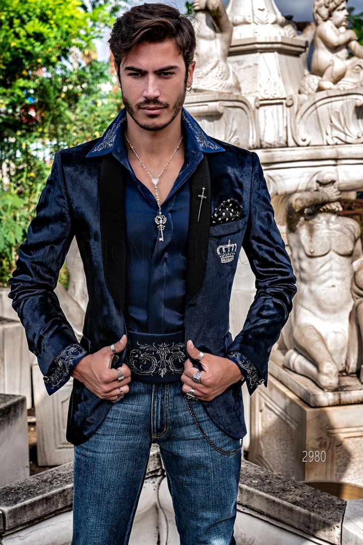 Blue velvet slim fit party tuxedo blazer with silver crown embroidery ...